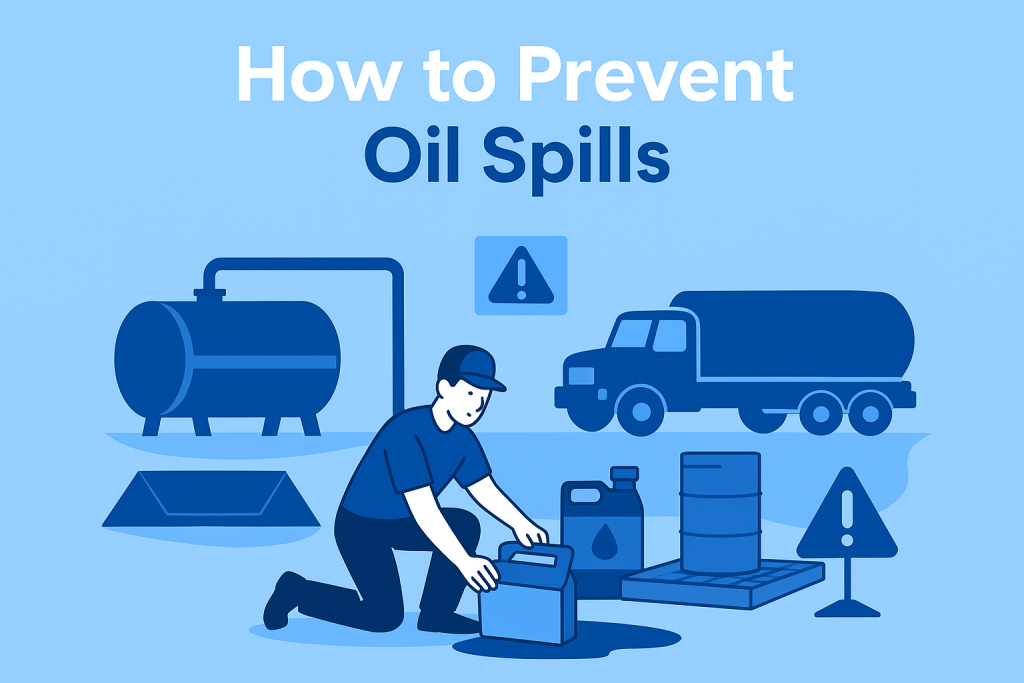Blue-themed illustration showing how to prevent oil spills in a fleet yard, featuring spill pallets, containment berms, and a worker using a spill kit.