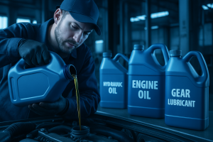 “Mechanic pouring high-quality engine oil into an engine with motor oil, hydraulic oil, and gear lubricants displayed in an industrial setting.”