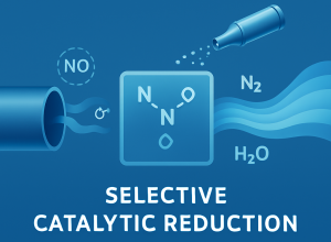 Digital illustration of Selective Catalytic Reduction (SCR) technology showing diesel exhaust treatment with DEF injection, chemical conversion of NOx into nitrogen (N₂) and water vapor (H₂O), and clean air emission using blue tones and futuristic design elements.