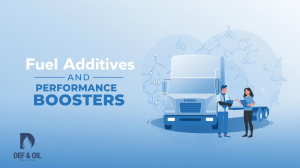 Minimal blue illustration of a fleet manager and technician beside a diesel truck discussing fuel additives solutions.